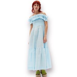 GANNI Seersucker Check Smock Maxi Dress Ice Blue Size S / 8 / 36